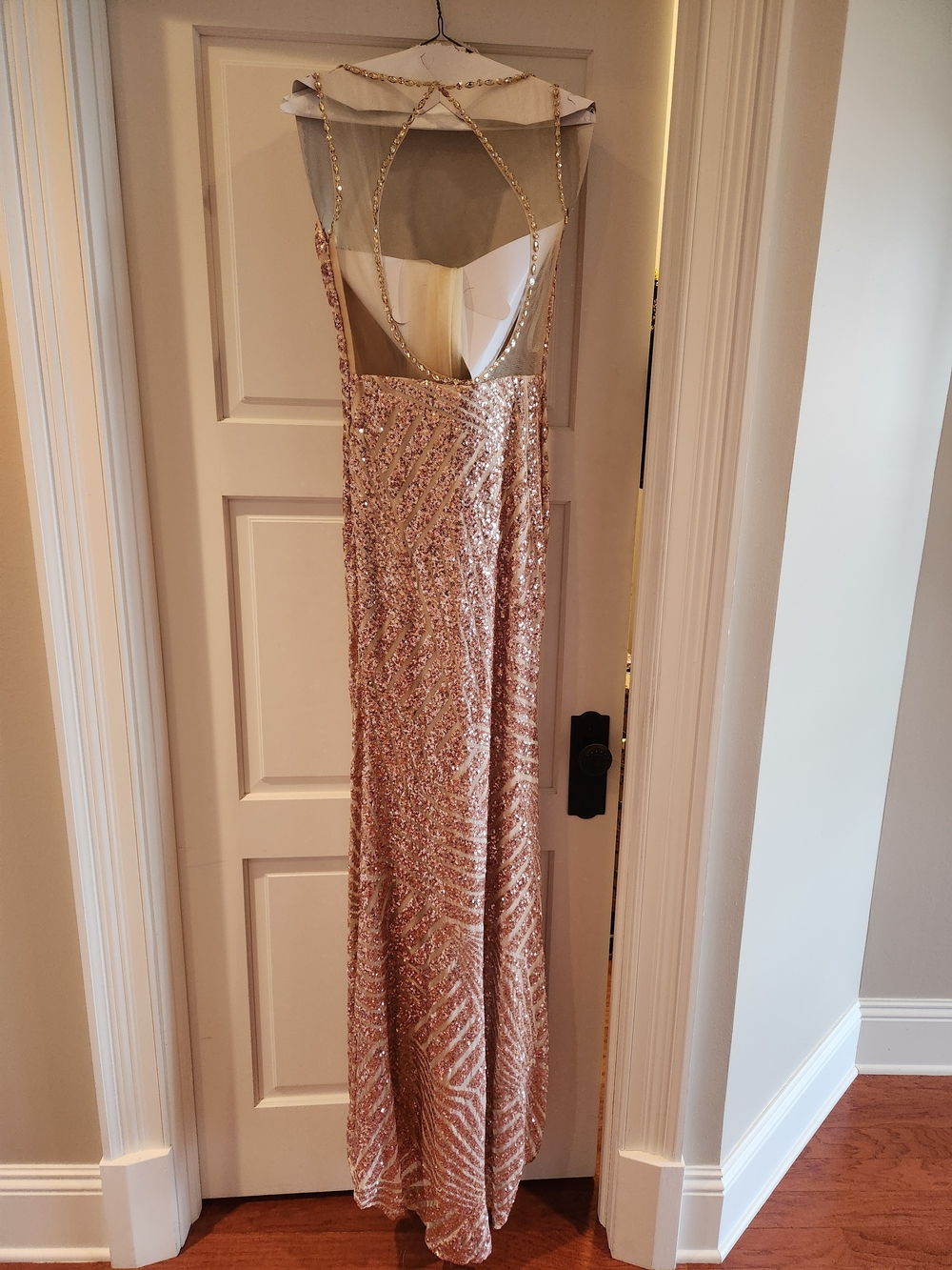 JVN by Jovani Rose Gold Sequin Backless Evening Gown